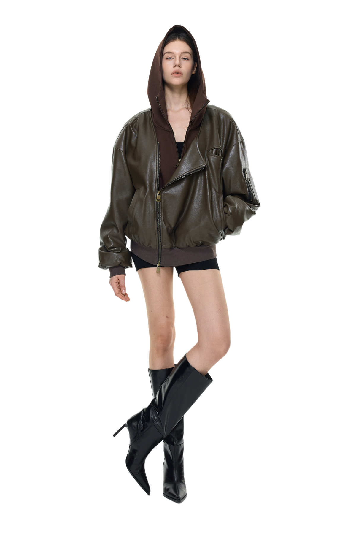YJ Oversized Leather Bomber Jacket in Brown