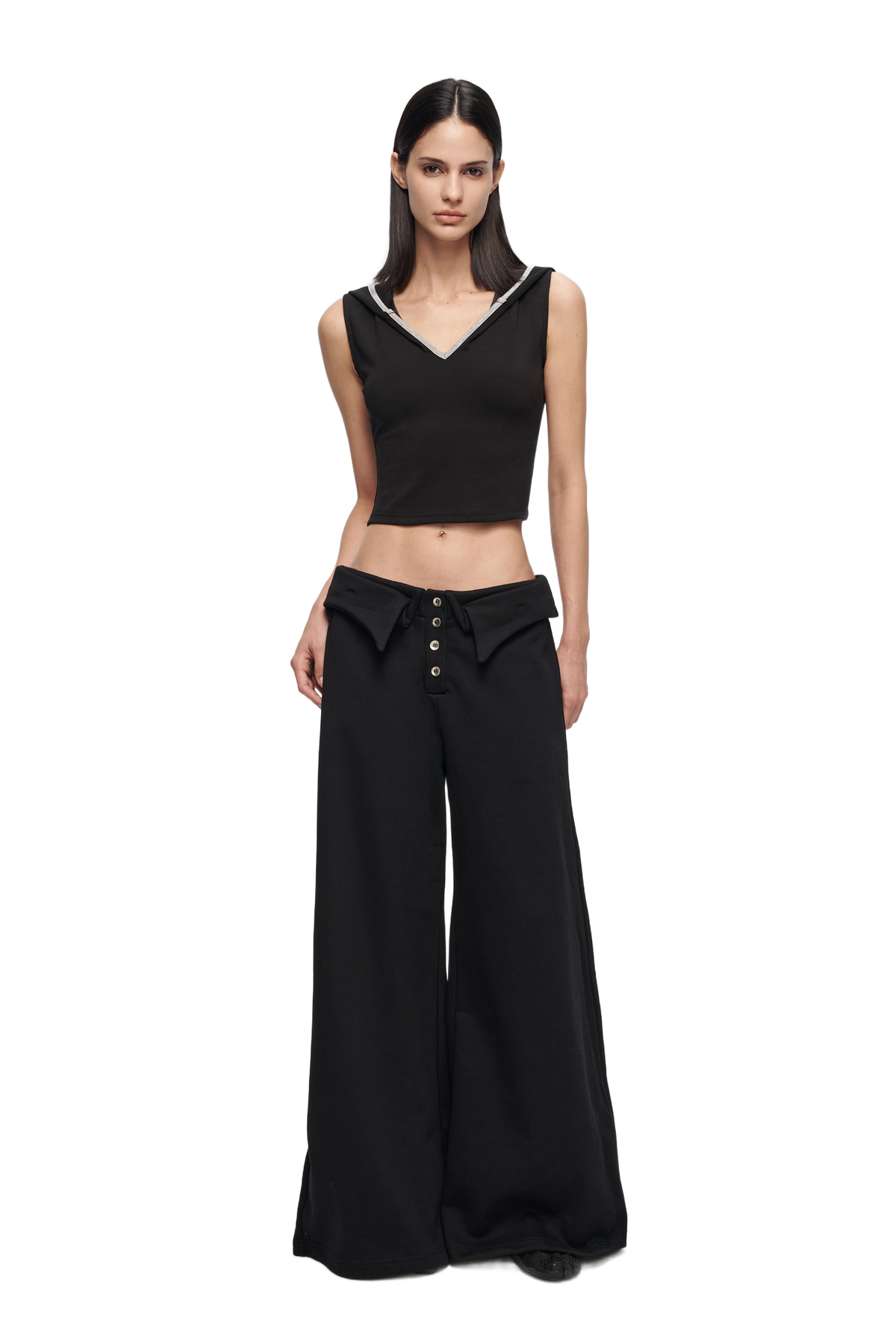 YJ Double-Layer Collar Wide-Leg Pants In Black