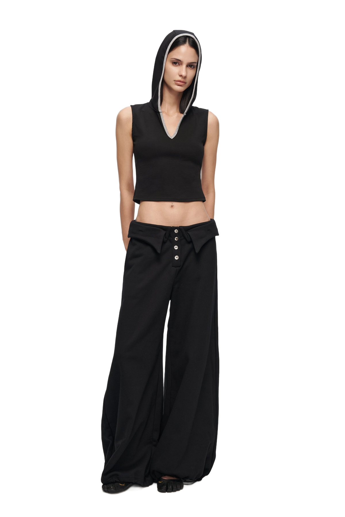 YJ Double-Layer Collar Wide-Leg Pants In Black