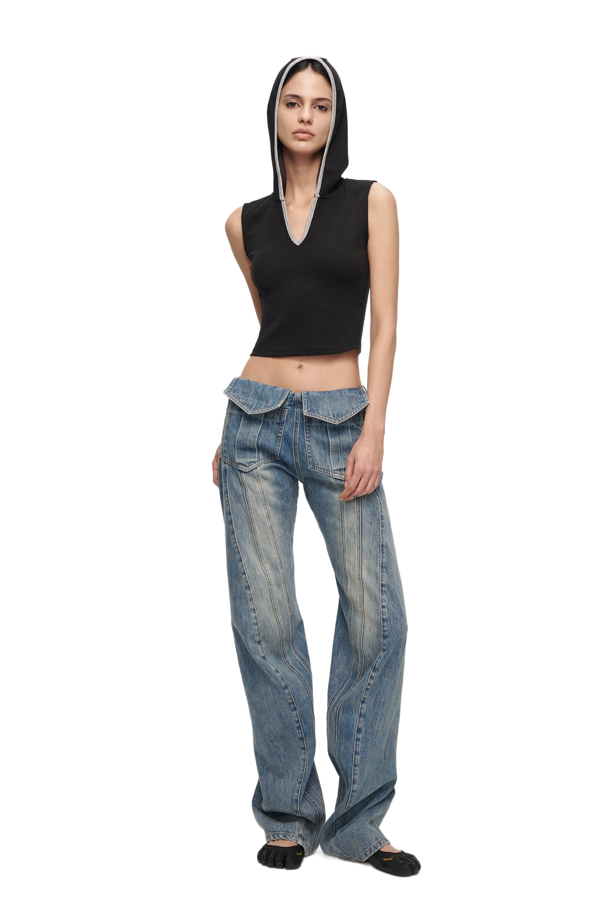 YJ V-Cutout Hooded Sleeveless Trim Top In Black