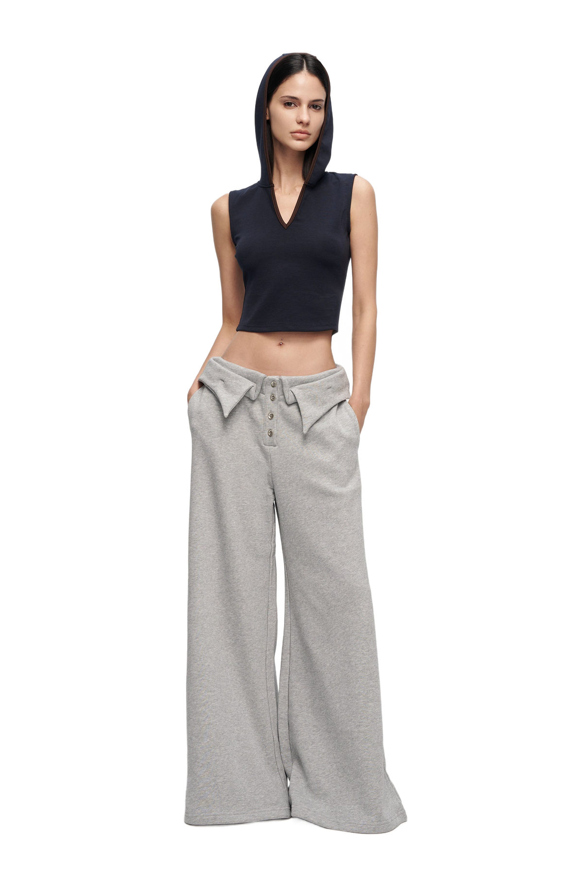 YJ V-Cutout Hooded Sleeveless Trim Top In Dark Blue