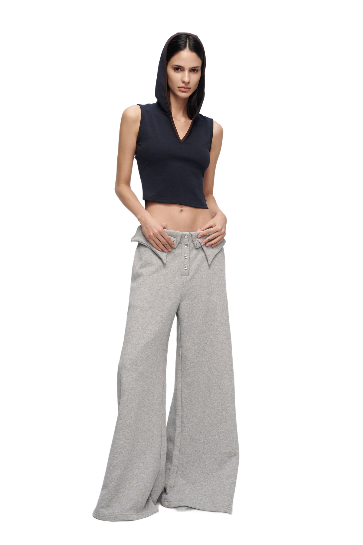 YJ V-Cutout Hooded Sleeveless Trim Top In Dark Blue