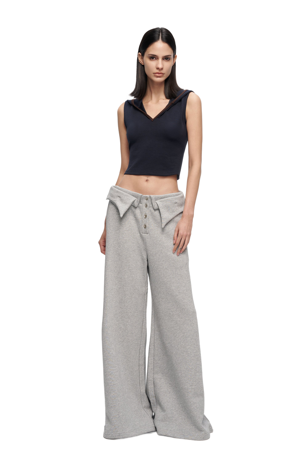 YJ Double-Layer Collar Wide-Leg Pants In Gray